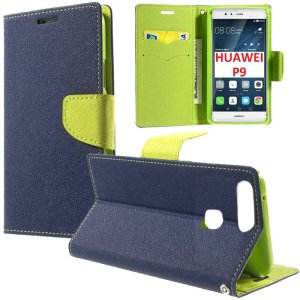 CUSTODIA FLIP ORIZZONTALE per HUAWEI P9 CON INTERNO IN TPU SILICONE, STAND, PORTA CARTE E CHIUSURA MAGNETICA COLORE BLU