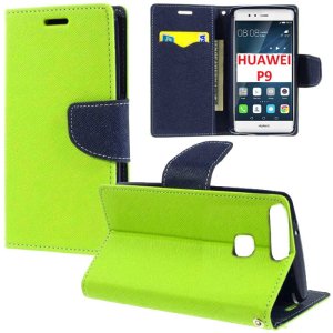 CUSTODIA FLIP ORIZZONTALE per HUAWEI P9 CON INTERNO IN TPU SILICONE, STAND, PORTA CARTE E CHIUSURA MAGNETICA COLORE VERDE