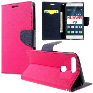 CUSTODIA FLIP ORIZZONTALE per HUAWEI P9 CON INTERNO IN TPU SILICONE, STAND, PORTA CARTE E CHIUSURA MAGNETICA COLORE FUCSIA