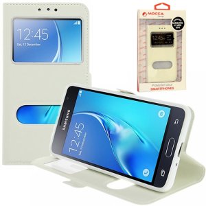 CUSTODIA per SAMSUNG SM-J105 GALAXY J1 MINI - FLIP ORIZZONTALE SIMILPELLE CON INTERNO IN TPU E DOPPIA FINESTRA ID COLORE BIANCO