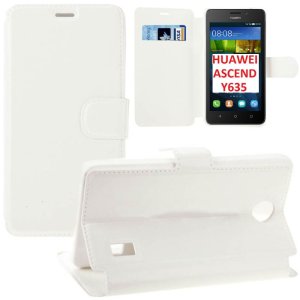 CUSTODIA FLIP ORIZZONTALE SLIM SIMILPELLE per HUAWEI ASCEND Y635 CON STAND, CHIUSURA MAGNETICA E PORTA CARTE COLORE BIANCO