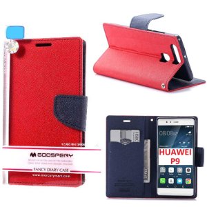 CUSTODIA FLIP ORIZZONTALE per HUAWEI P9 CON STAND, INTERNO IN TPU, PORTA CARTE E CHIUSURA MAGNETICA ROSSO ALTA QUALITA'