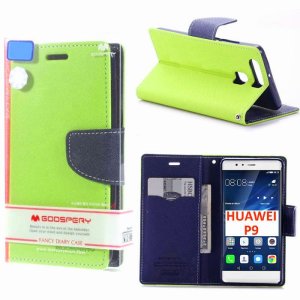 CUSTODIA FLIP ORIZZONTALE per HUAWEI P9 CON STAND, INTERNO IN TPU, PORTA CARTE E CHIUSURA MAGNETICA VERDE ALTA QUALITA'