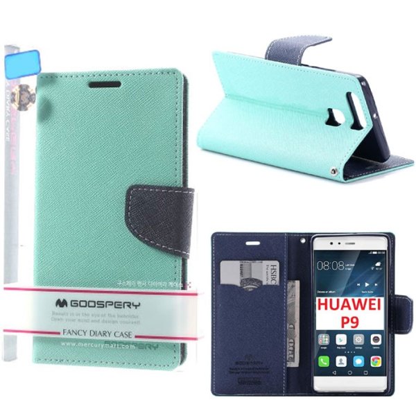 CUSTODIA FLIP ORIZZONTALE per HUAWEI P9 CON STAND, INTERNO IN TPU, CHIUSURA MAGNETICA E PORTA CARTE VERDE ACQUA ALTA QUALITA'