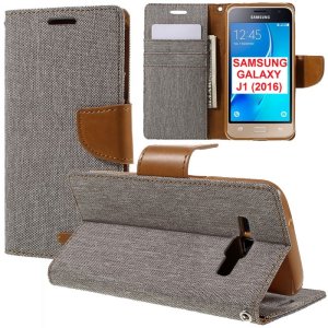 CUSTODIA FLIP ORIZZONTALE per SAMSUNG SM-J120 GALAXY J1 (2016) CON INTERNO IN TPU E STAND COLORE GRIGIO EFFETTO JEANS