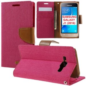 CUSTODIA FLIP ORIZZONTALE per SAMSUNG SM-J120 GALAXY J1 (2016) CON INTERNO IN TPU E STAND COLORE FUCSIA EFFETTO JEANS