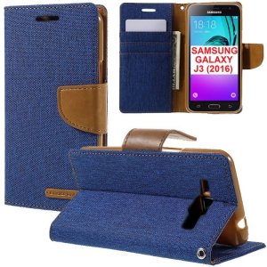 CUSTODIA FLIP ORIZZONTALE per SAMSUNG SM-J120 GALAXY J1 (2016) CON INTERNO IN TPU SILICONE E STAND COLORE BLU EFFETTO JEANS