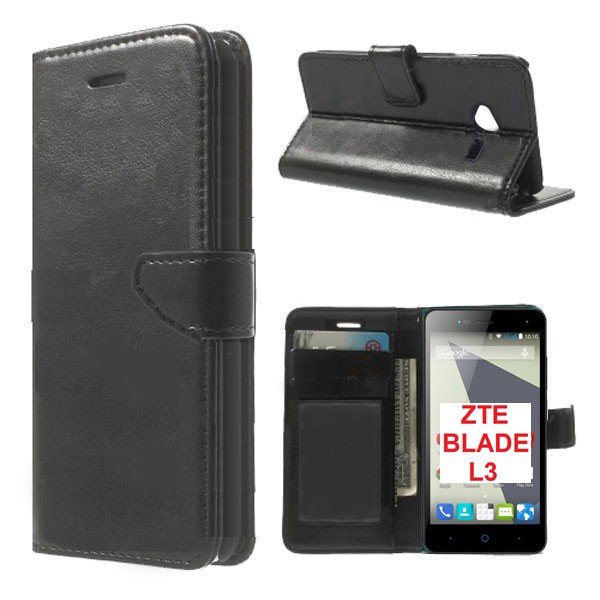 CUSTODIA FLIP ORIZZONTALE SIMILPELLE per ZTE BLADE L3 CON CHIUSURA MAGNETICA, STAND E INTERNO IN TPU SILICONE COLORE  NERO