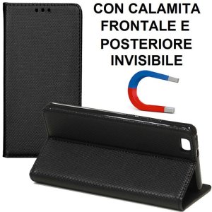 CUSTODIA FLIP ORIZZONTALE per HUAWEI P8 LITE con CHIUSURA MAGNETICA INVISIBILE, STAND E INTERNO IN TPU SILICONE COLORE NERO