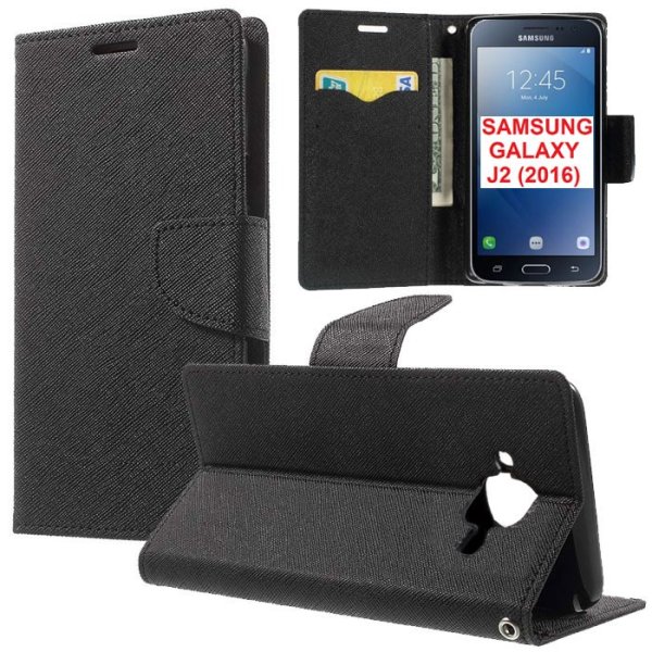 CUSTODIA FLIP ORIZZONTALE per SAMSUNG SM-J210 GALAXY J2 (2016) CON INTERNO IN TPU SILICONE, STAND E PORTA CARTE COLORE NERO