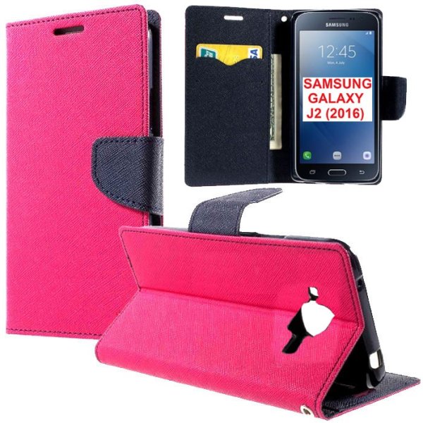 CUSTODIA FLIP ORIZZONTALE per SAMSUNG SM-J210 GALAXY J2 (2016) CON INTERNO IN TPU SILICONE, STAND E PORTA CARTE COLORE FUCSIA