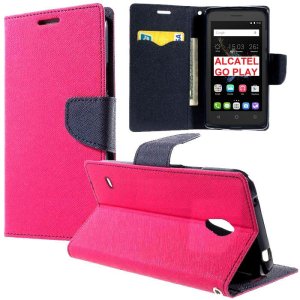 CUSTODIA FLIP ORIZZONTALE per ALCATEL ONE TOUCH GO PLAY, 7048X CON INTERNO IN TPU, STAND E TASCHE PORTA CARTE COLORE FUCSIA