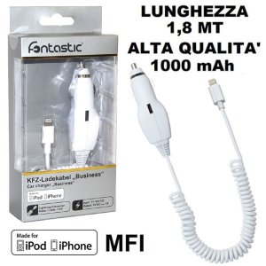 CARICATORE AUTO 1000 mAh CON CONNETTORE LIGHTNING (CERTIFICATO MFI) - CAVO A SPIRALE COLORE BIANCO FONTASTIC LAAP50111C01