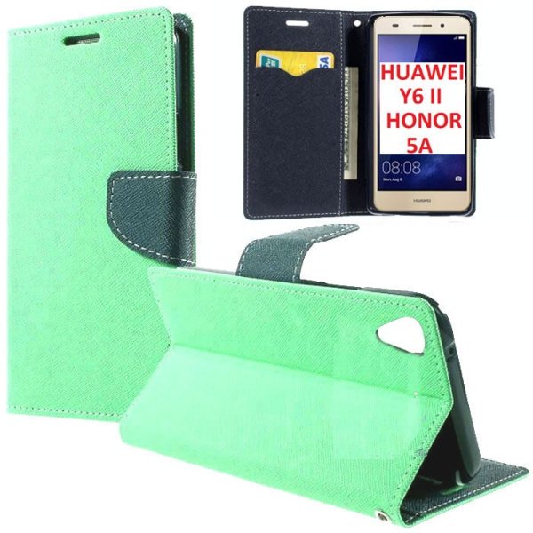 CUSTODIA FLIP ORIZZONTALE per HUAWEI Y6 II, HONOR 5A, HONOR HOLLY 3 CON INTERNO IN TPU, STAND E CHIUSURA MAGNETICA VERDE ACQUA