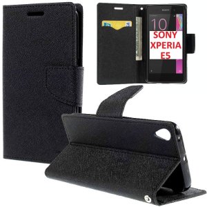 CUSTODIA FLIP ORIZZONTALE per SONY XPERIA E5, XPERIA E5 DUAL CON INTERNO IN TPU SILICONE, STAND E TASCHE PORTA CARTE COLORE NERO