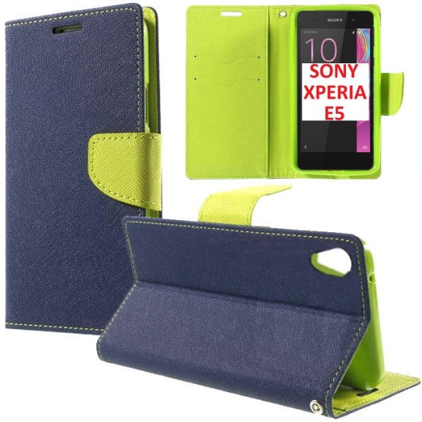 CUSTODIA FLIP ORIZZONTALE per SONY XPERIA E5, XPERIA E5 DUAL CON INTERNO IN TPU SILICONE, STAND E TASCHE PORTA CARTE COLORE BLU