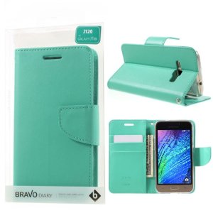 CUSTODIA FLIP ORIZZONTALE SIMILPELLE per SAMSUNG SM-J120 GALAXY J1 (2016) CON INTERNO IN TPU E STAND VERDE ACQUA BRAVO MERCURY