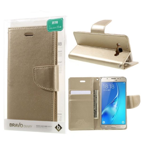 CUSTODIA FLIP ORIZZONTALE SIMILPELLE per SAMSUNG SM-J510 GALAXY J5 (2016) CON INTERNO IN TPU E STAND COLORE ORO BRAVO MERCURY