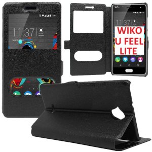 CUSTODIA FLIP ORIZZONTALE SLIM per WIKO U FEEL LITE 4G CON STAND, INTERNO IN TPU SILICONE E DOPPIA FINESTRA ID COLORE NERO