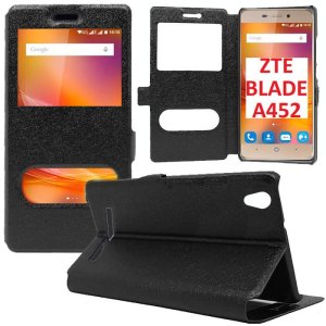 CUSTODIA FLIP ORIZZONTALE SLIM per ZTE BLADE A452 CON STAND, INTERNO IN TPU SILICONE E DOPPIA FINESTRA ID COLORE NERO