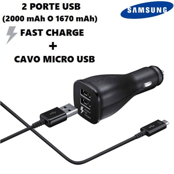 CARICATORE AUTO 2000mAh CON 2 PORTE USB FAST CHARGE + CAVO MICRO USB COLORE NERO EP-LN920BBEG ORIGINALE SAMSUNG IN BULK