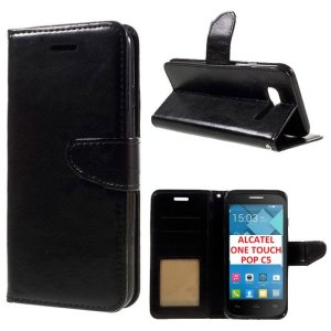 CUSTODIA FLIP ORIZZONTALE SIMILPELLE per ALCATEL ONE TOUCH POP C5 CON CHIUSURA MAGNETICA E INTERNO IN TPU COLORE NERO