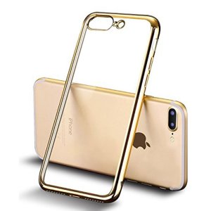 CUSTODIA GEL TPU SILICONE per APPLE IPHONE 7 PLUS, IPHONE 8 PLUS TRASPARENTE CON CORNICE COLORE ORO