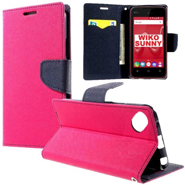 CUSTODIA FLIP ORIZZONTALE per WIKO SUNNY CON INTERNO IN TPU, STAND, TASCHE PORTA CARTE E CHIUSURA MAGNETICA COLORE FUCSIA