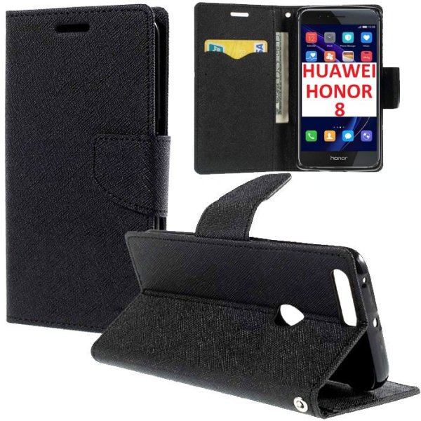 CUSTODIA FLIP ORIZZONTALE per HUAWEI HONOR 8 CON INTERNO IN TPU SILICONE, STAND, PORTA CARTE E CHIUSURA MAGNETICA COLORE NERO