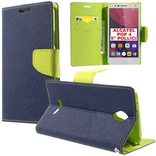 CUSTODIA FLIP ORIZZONTALE per ALCATEL ONE TOUCH POP 4 - 5" POLLICI CON INTERNO IN TPU, STAND E CHIUSURA MAGNETICA COLORE BLU