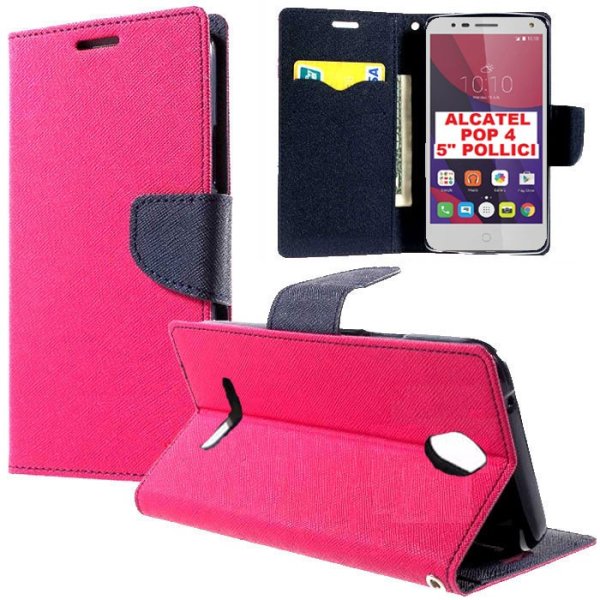 CUSTODIA FLIP ORIZZONTALE per ALCATEL ONE TOUCH POP 4 - 5" POLLICI CON INTERNO IN TPU, STAND E CHIUSURA MAGNETICA COLORE FUCSIA