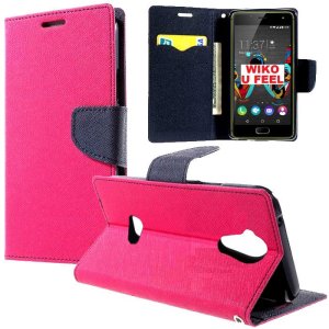 CUSTODIA FLIP ORIZZONTALE per WIKO U FEEL 4G CON INTERNO IN TPU, STAND, TASCHE PORTA CARTE E CHIUSURA MAGNETICA COLORE FUCSIA