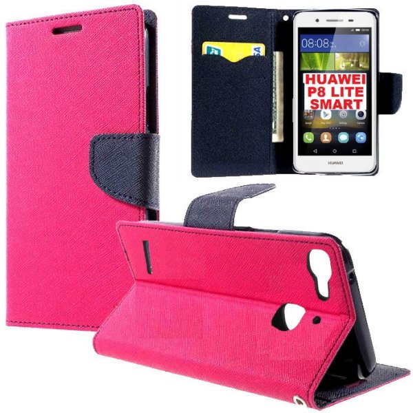 CUSTODIA FLIP ORIZZONTALE per HUAWEI P8 LITE SMART, GR3, ENJOY 5S CON INTERNO IN TPU SILICONE E STAND COLORE FUCSIA