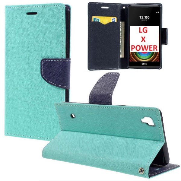 CUSTODIA FLIP ORIZZONTALE per LG X POWER, K220 CON INTERNO IN TPU SILICONE, STAND E CHIUSURA MAGNETICA COLORE VERDE ACQUA