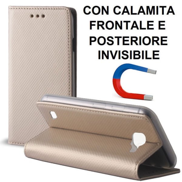 CUSTODIA FLIP ORIZZONTALE per LG K4 LTE con CHIUSURA MAGNETICA INVISIBILE, STAND ED INTERNO IN TPU SILICONE COLORE ORO