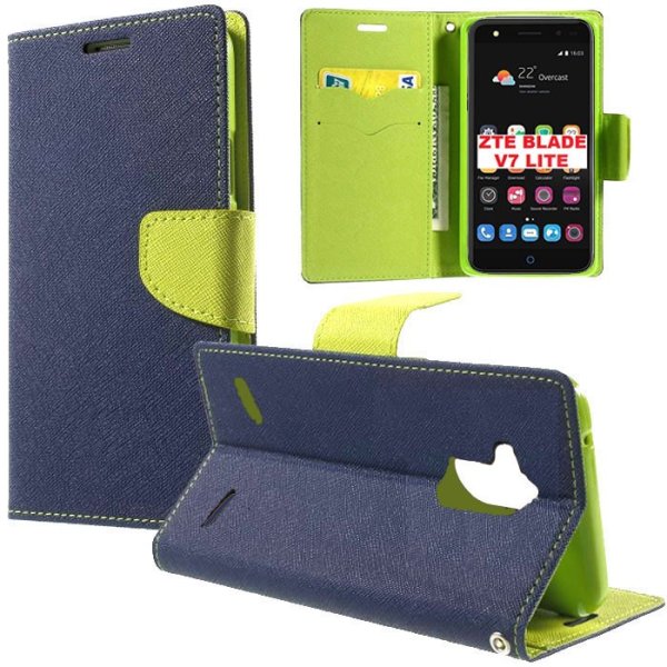 CUSTODIA FLIP ORIZZONTALE per ZTE BLADE V7 LITE CON INTERNO IN TPU, STAND, TASCHE PORTA CARTE E CHIUSURA MAGNETICA COLORE BLU