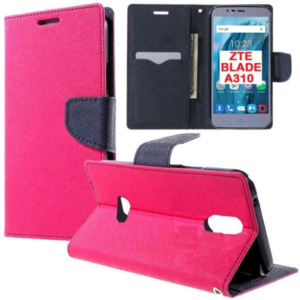 CUSTODIA FLIP ORIZZONTALE per ZTE BLADE A310 CON INTERNO IN TPU, STAND, TASCHE PORTA CARTE E CHIUSURA MAGNETICA COLORE FUCSIA