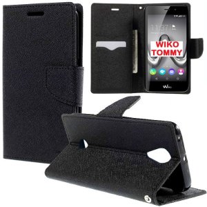 CUSTODIA FLIP ORIZZONTALE per WIKO TOMMY CON INTERNO IN TPU, STAND, TASCHE PORTA CARTE E CHIUSURA MAGNETICA COLORE NERO