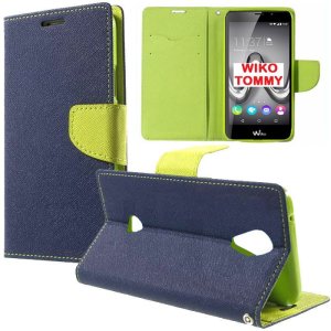 CUSTODIA FLIP ORIZZONTALE per WIKO TOMMY CON INTERNO IN TPU, STAND, TASCHE PORTA CARTE E CHIUSURA MAGNETICA COLORE BLU