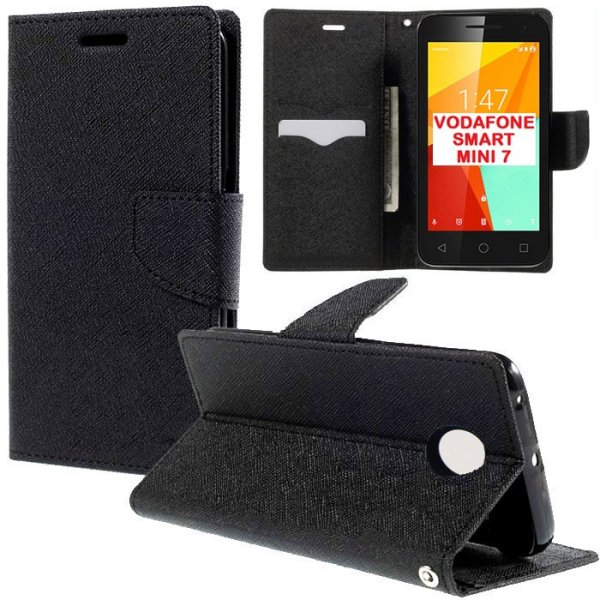 CUSTODIA FLIP ORIZZONTALE per VODAFONE SMART MINI 7, VF-300 CON INTERNO IN TPU, STAND E PORTA CARTE COLORE NERO