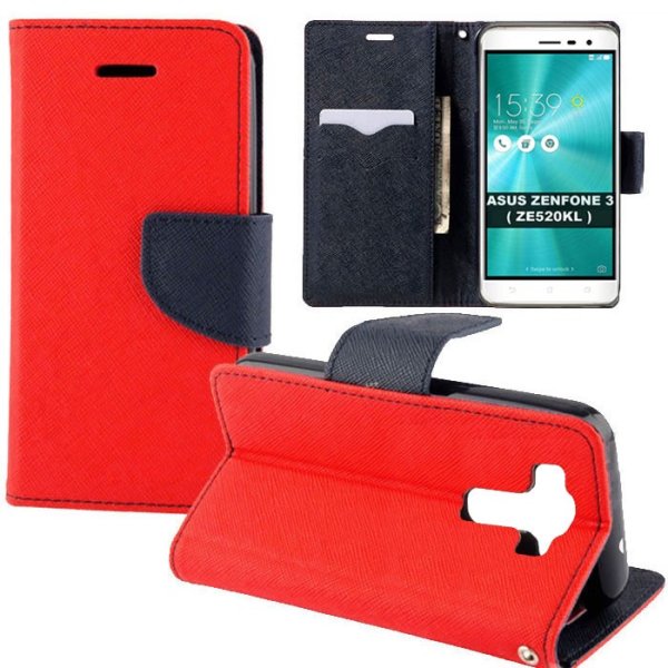 CUSTODIA per ASUS ZENFONE 3 (ZE520KL), 5.2" POLLICI - FLIP ORIZZONTALE CON INTERNO IN TPU, STAND E PORTA CARTE COLORE ROSSO