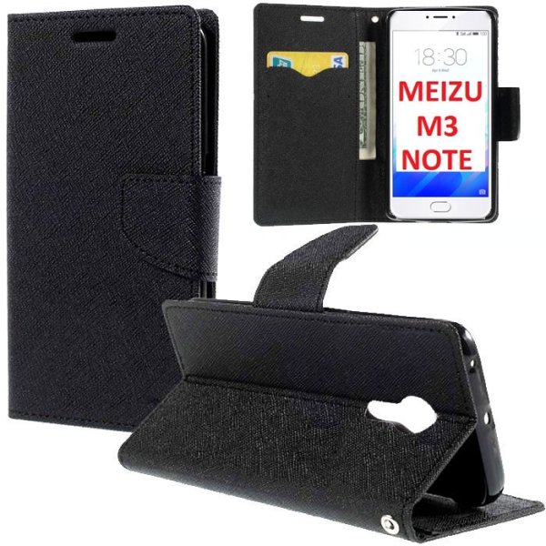 CUSTODIA per MEIZU M3 NOTE - FLIP ORIZZONTALE CON STAND, INTERNO IN TPU SILICONE, PORTA CARTE E CHIUSURA MAGNETICA COLORE NERO