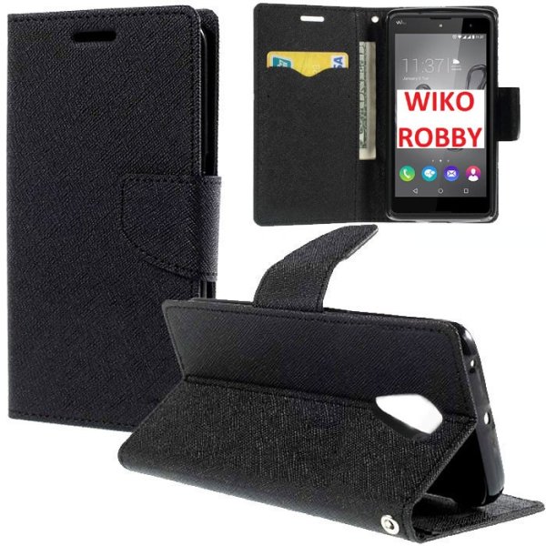 CUSTODIA per WIKO ROBBY - FLIP ORIZZONTALE CON INTERNO IN TPU SILICONE, STAND, PORTA CARTE E CHIUSURA MAGNETICA COLORE NERO