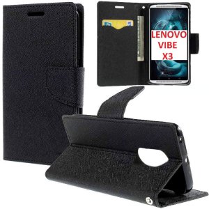 CUSTODIA per LENOVO VIBE X3 - FLIP ORIZZONTALE CON INTERNO IN TPU SILICONE, STAND E TASCHE PORTA CARTE COLORE NERO