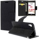 CUSTODIA per LG X SKIN - FLIP ORIZZONTALE CON INTERNO IN TPU SILICONE, STAND, PORTA CARTE E CHIUSURA MAGNETICA COLORE NERO