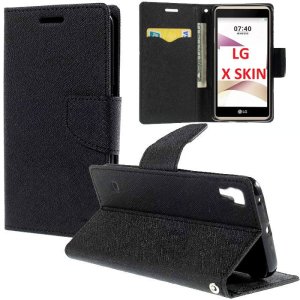 CUSTODIA per LG X SKIN - FLIP ORIZZONTALE CON INTERNO IN TPU SILICONE, STAND, PORTA CARTE E CHIUSURA MAGNETICA COLORE NERO