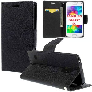 CUSTODIA per SAMSUNG G900F GALAXY S5, GALAXY S5 NEO - FLIP ORIZZONTALE CON STAND, INTERNO IN TPU E PORTA CARTE COLORE NERO