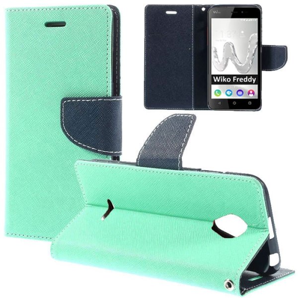 CUSTODIA per WIKO FREDDY -  FLIP ORIZZONTALE CON INTERNO IN TPU, STAND, PORTA CARTE E CHIUSURA MAGNETICA COLORE VERDE ACQUA