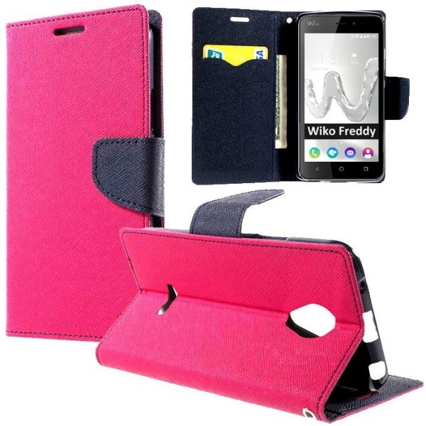 CUSTODIA per WIKO FREDDY -  FLIP ORIZZONTALE CON INTERNO IN TPU, STAND, PORTA CARTE E CHIUSURA MAGNETICA COLORE FUCSIA