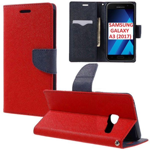 CUSTODIA per SAMSUNG SM-A320 GALAXY A3 (2017) - FLIP ORIZZONTALE CON STAND, INTERNO IN TPU SILICONE E PORTA CARTE COLORE ROSSO